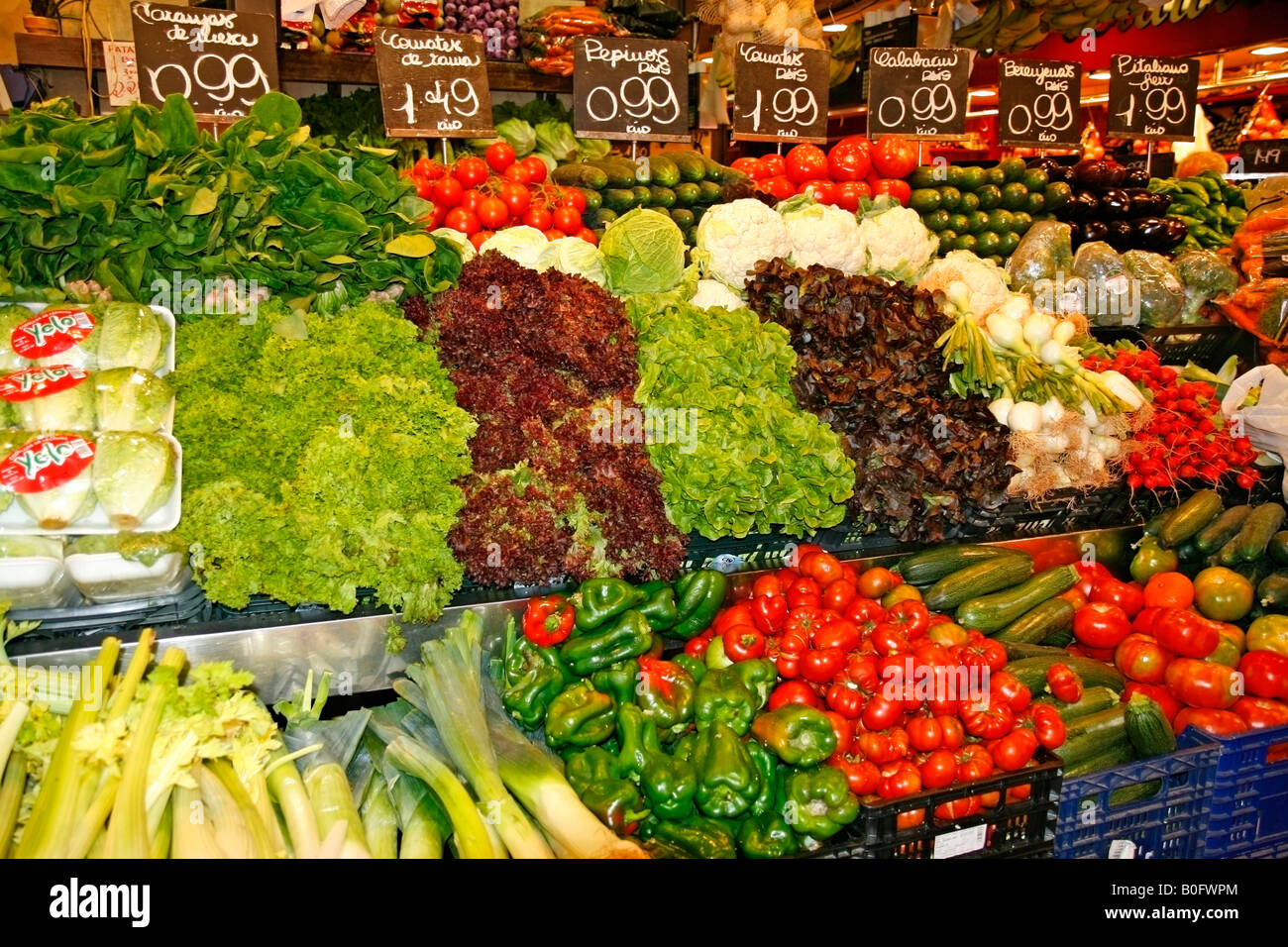 Vegetables for sale La Boqueria Market Barcelona Catalonia Spain Stock