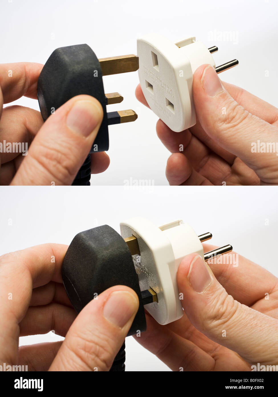 Sequence of man's hands using a UK GB to European travel plug adapter for a UK 3 pin plug to European 2pin plug Stock Photo