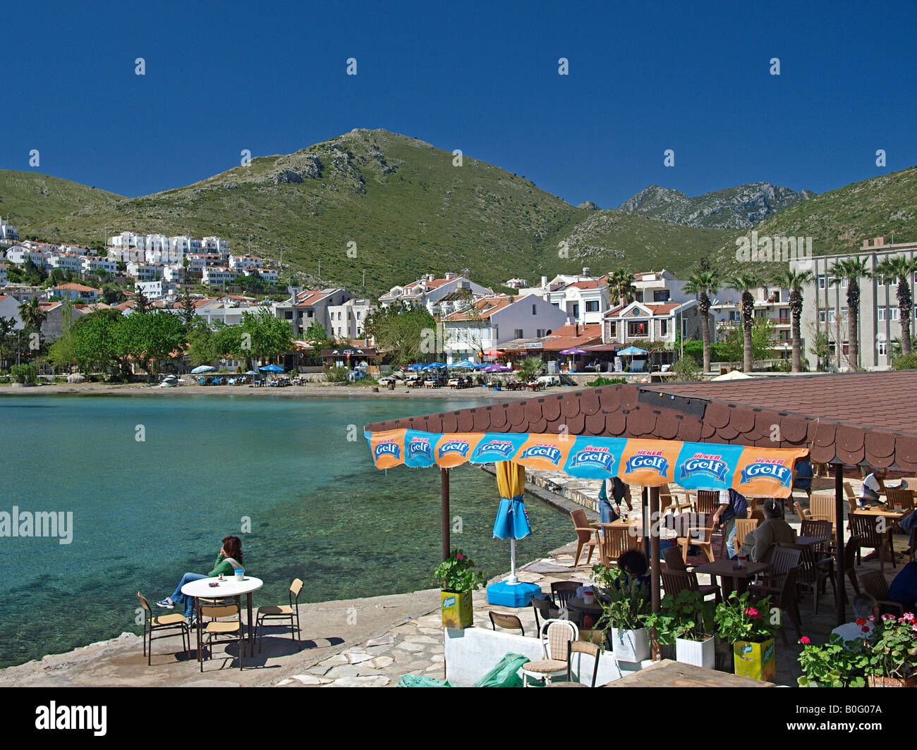 CAFE WITH HARBOUR  VIEW,  AT DATCA, DATCA PENINSULA, MUGLA TURKEY Stock Photo