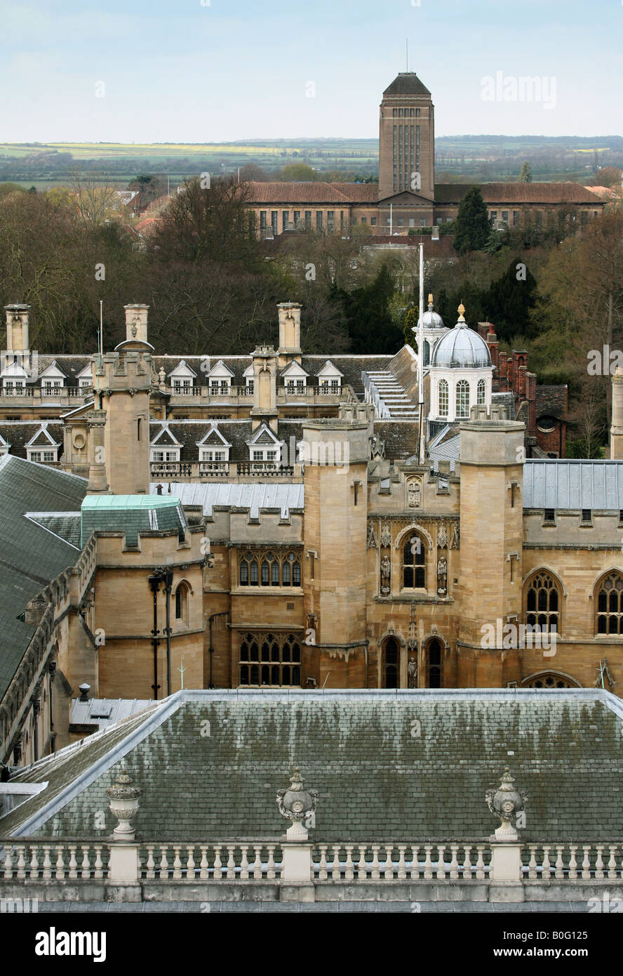 A view across the Senate House and Clare College to the University Library, Cambridge Stock Photo