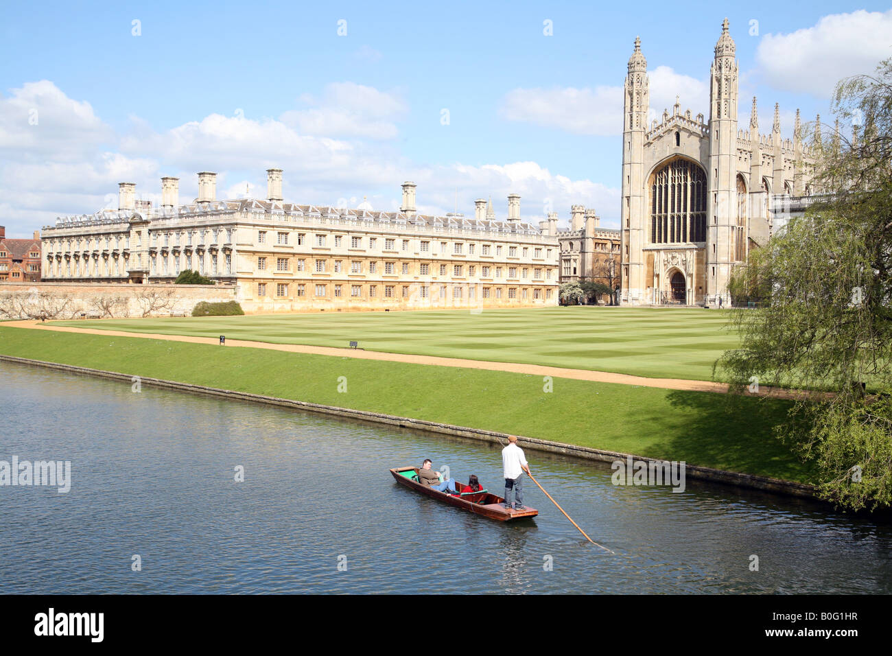 Punting past Kings College Chapel and Clare College, Cambridge UK Stock Photo