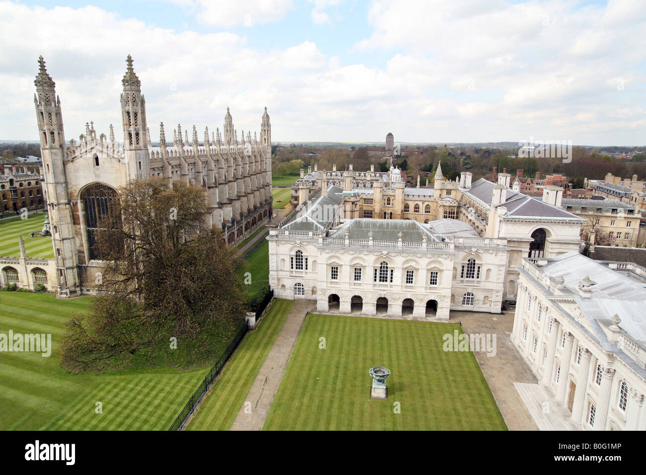 A view from St Marys Church tower of the Cambridge skyline over Kings College Chapel and the Senate House, Cambridge, England Stock Photo