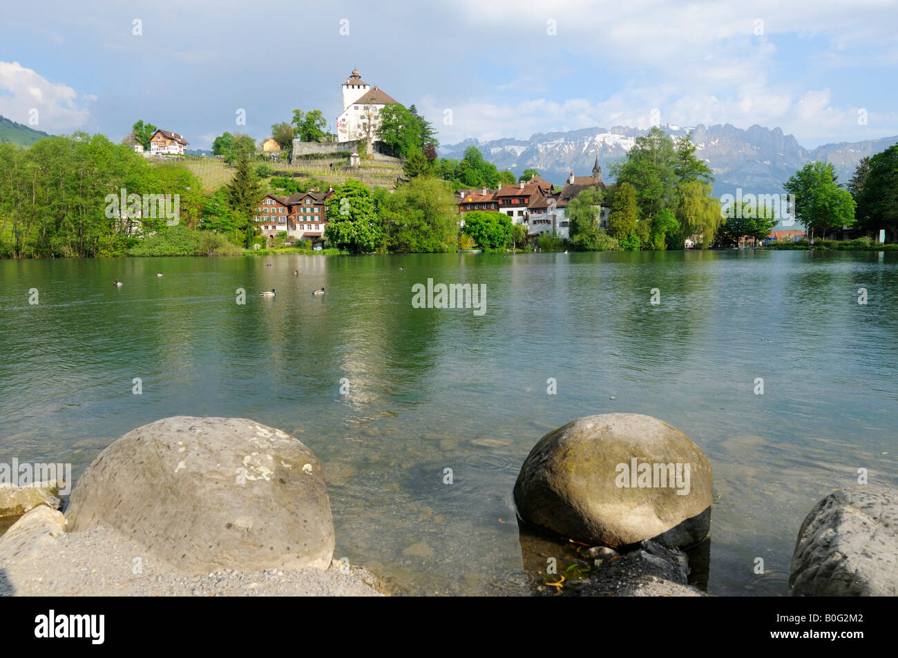 Scenic Lake and Castle Werdenberg in spring, Rheintal CH Stock Photo