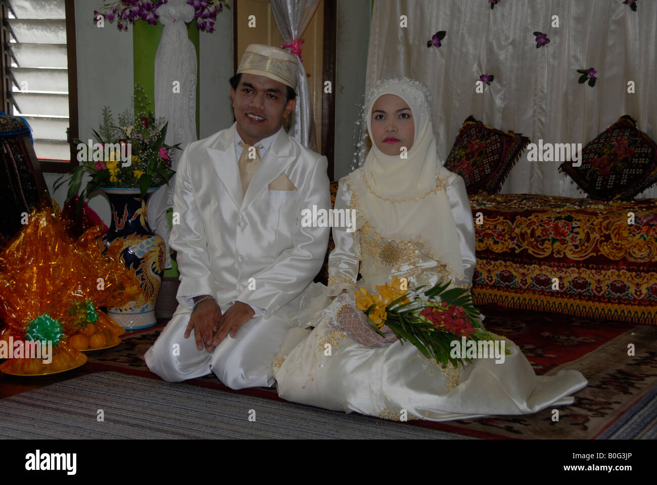 happy muslim bride and groom at their wedding Stock Photo