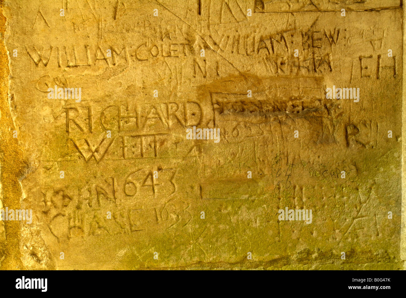 Winchester College Hampshire England UK Ex Pupils names carved in stone during the 1600s Stock Photo