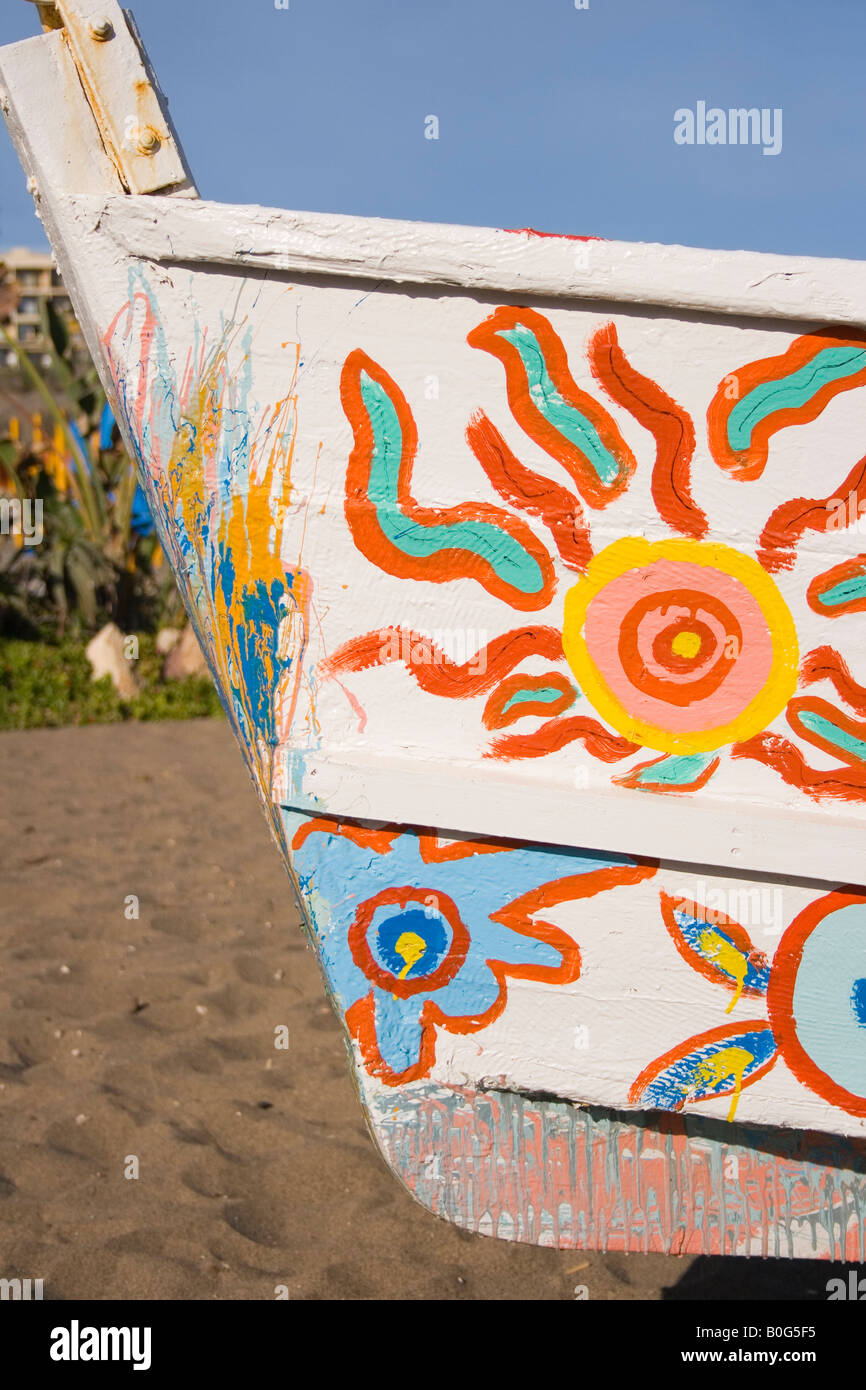 Torremolinos Costa del Sol Malaga Province Spain Hand painted boat on beach Stock Photo