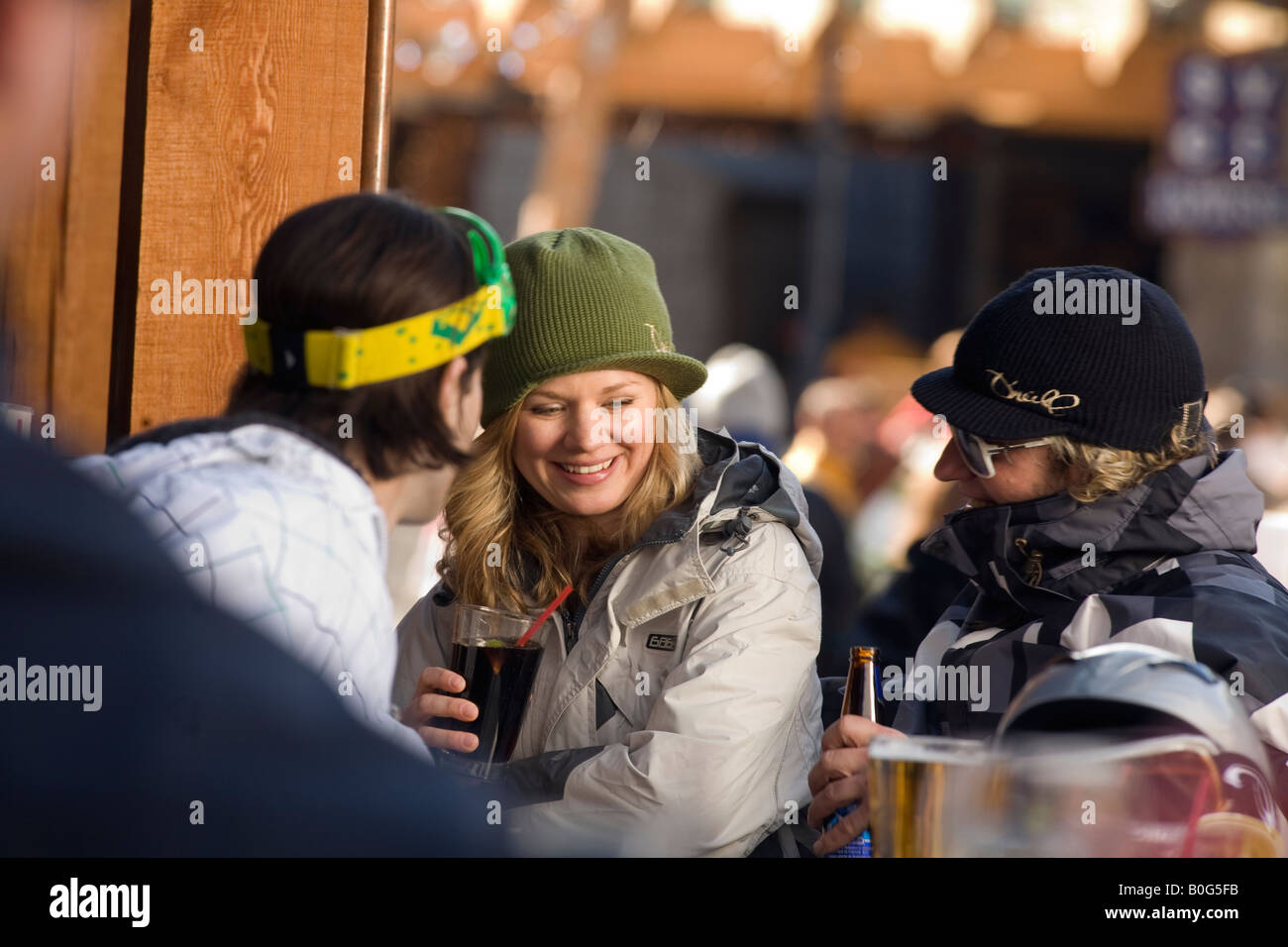 Skiiers enjoying an after ski drink Whistler Village British Columbia Canada Stock Photo