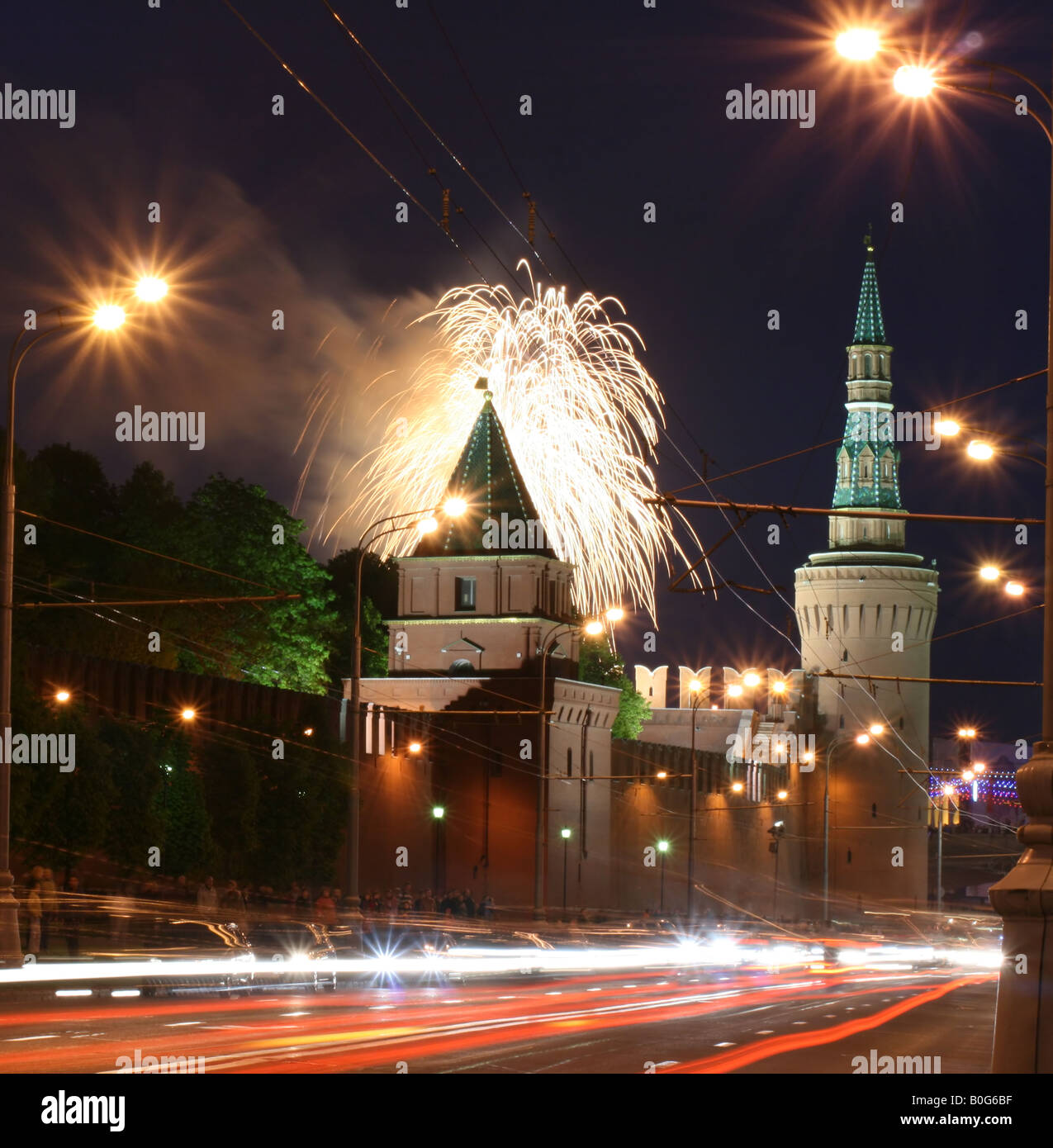 Victory day firework. Night view of Moscow Kremlin (Russia) Stock Photo