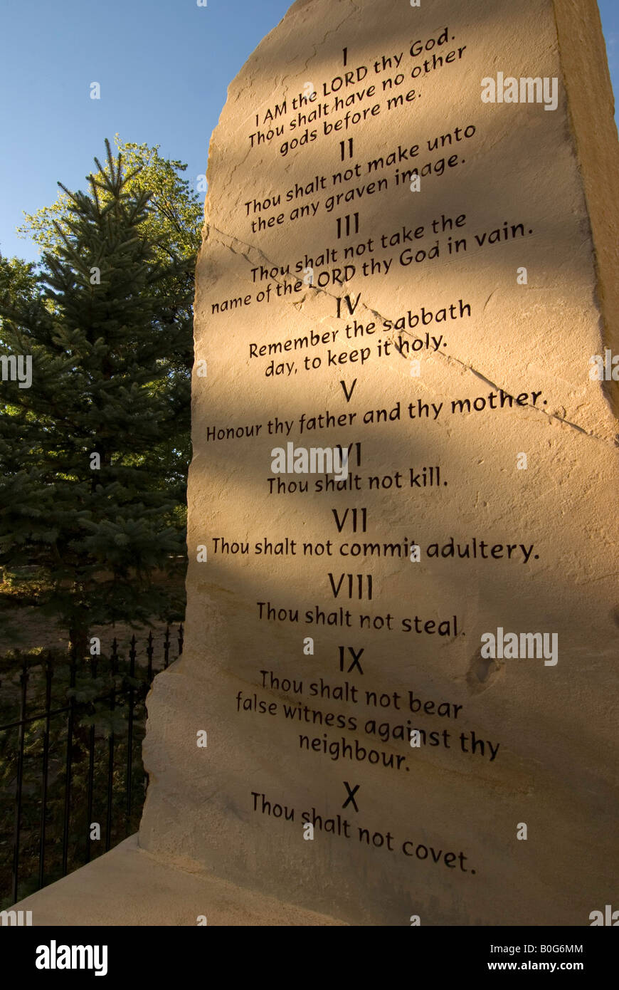 Ten Commandments carved in stone, outside the Santa Fe Trail Museum in Raton, New Mexico Stock Photo