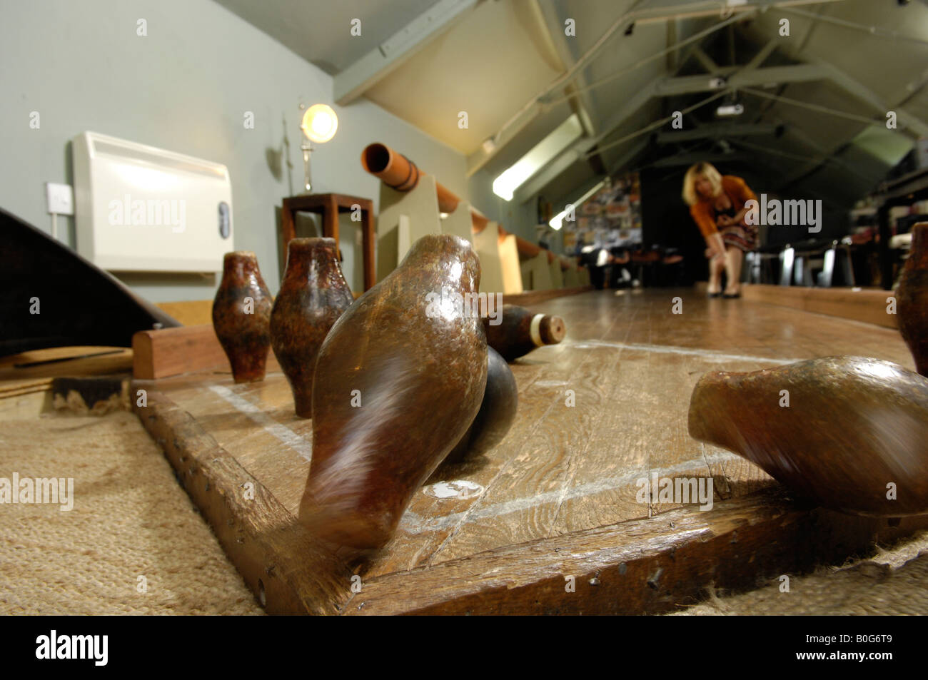 Playing skittles at the Bath Arms Horningsham Wiltshire England Stock Photo