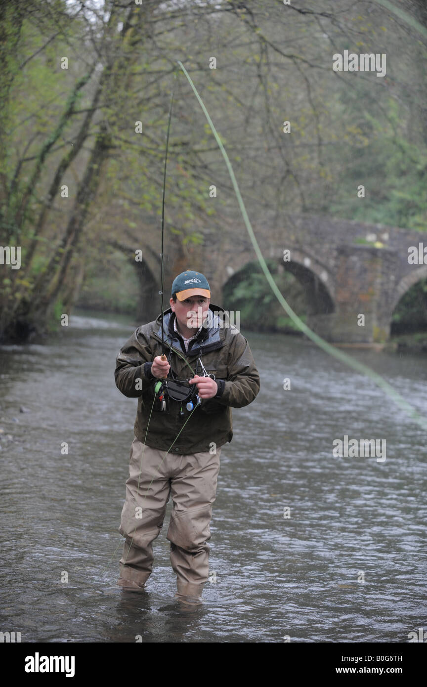 Picture By Jim Wileman 22 04 2008 Fly fishing on the river Lyd with Anne Voss Bark and FT reporter Bob Sherwood Stock Photo