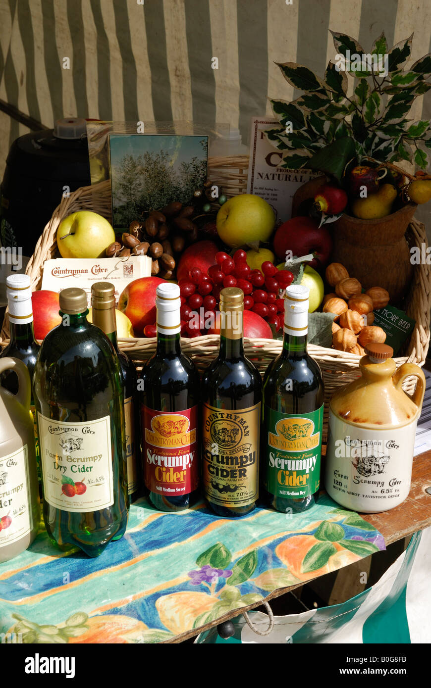 Cider and scrumpy for sale at a farmers market in Plymouth, Devon, UK