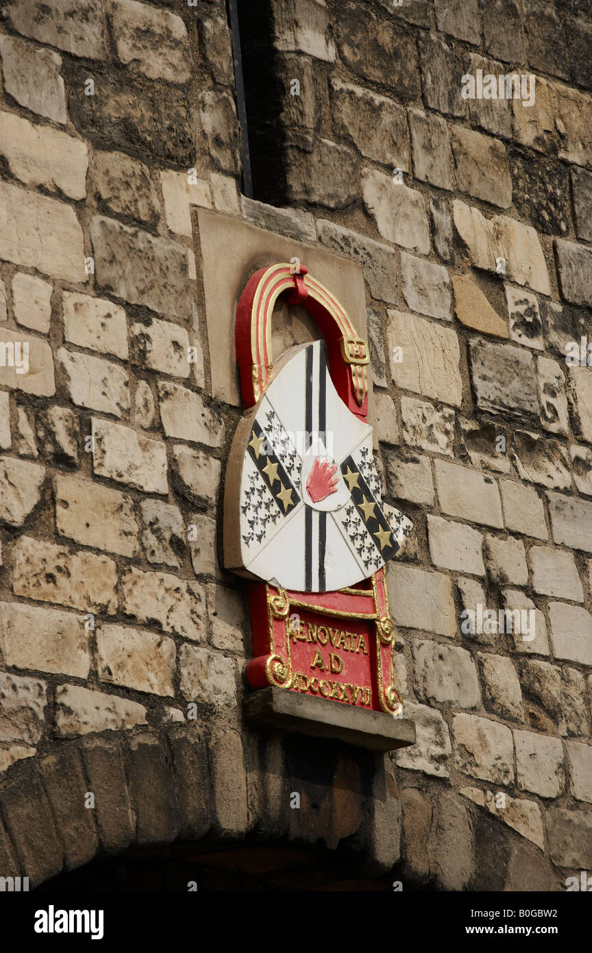 MICKLEGATE BAR CLOSE UP OF MEDIEVAL SHIELD YORK CITY ROMAN WALL SUMMER YORKSHIRE ENGLAND Stock Photo