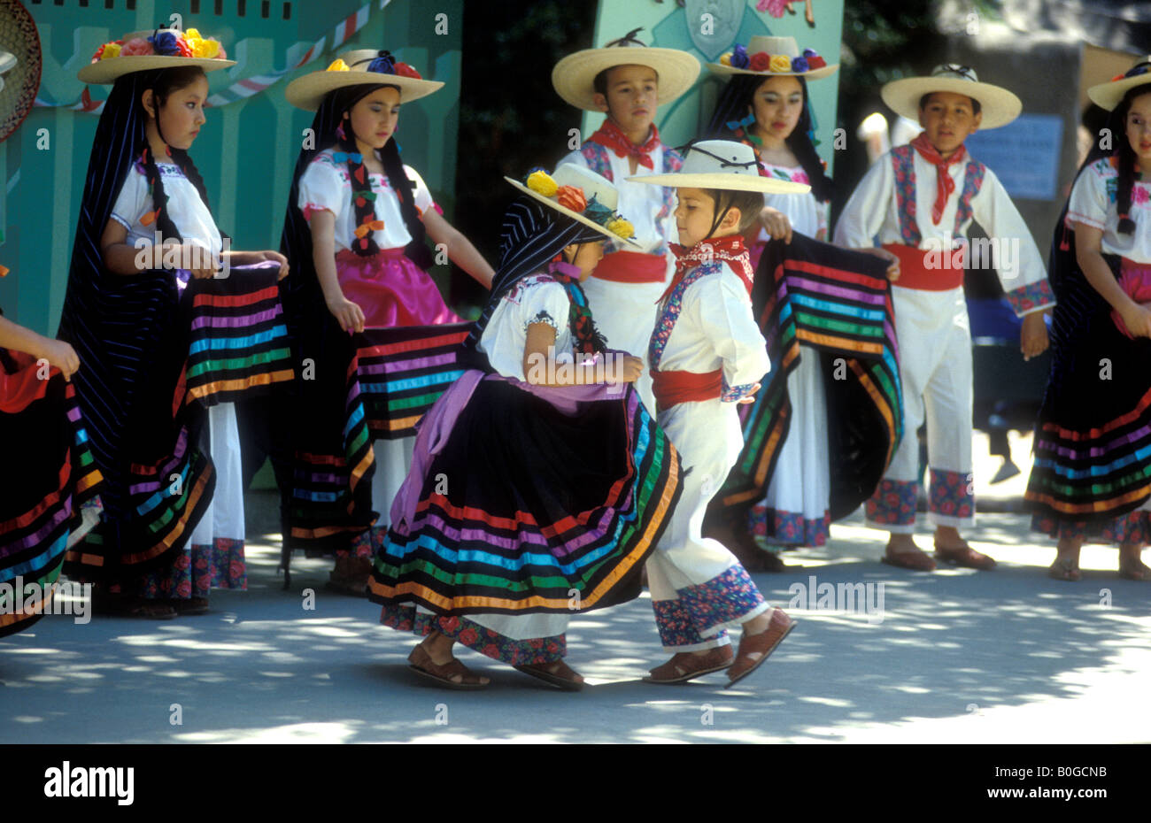 Hispanic dance troupe performs Mexican American dance in traditional