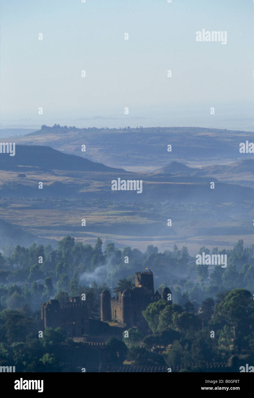 King Fasil's castle and surrounding hills and woods at dawn, Gonder, Ethiopia. Stock Photo