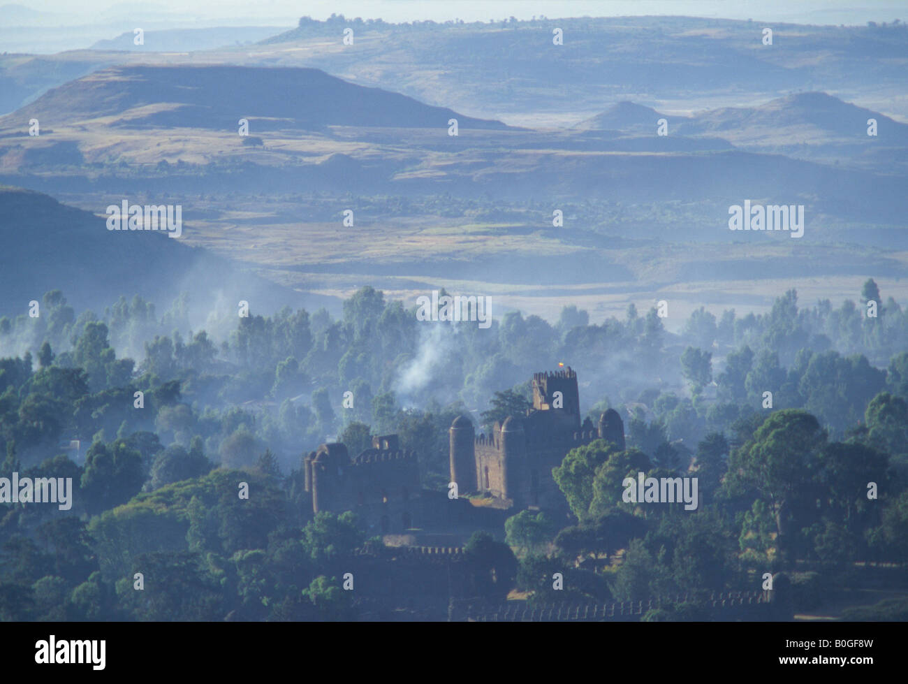 King Fasil's castle and surrounding hills and woods at dawn, Gonder, Ethiopia. Stock Photo