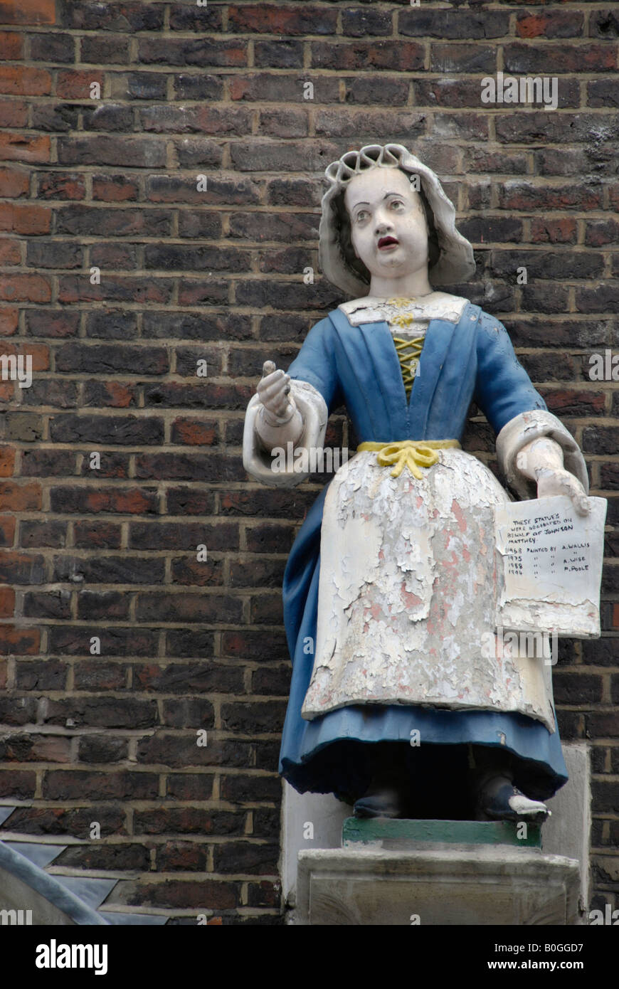 Statue of female scholar on exterior of the former Bluecoat school in Hatton Garden London UK. Stock Photo