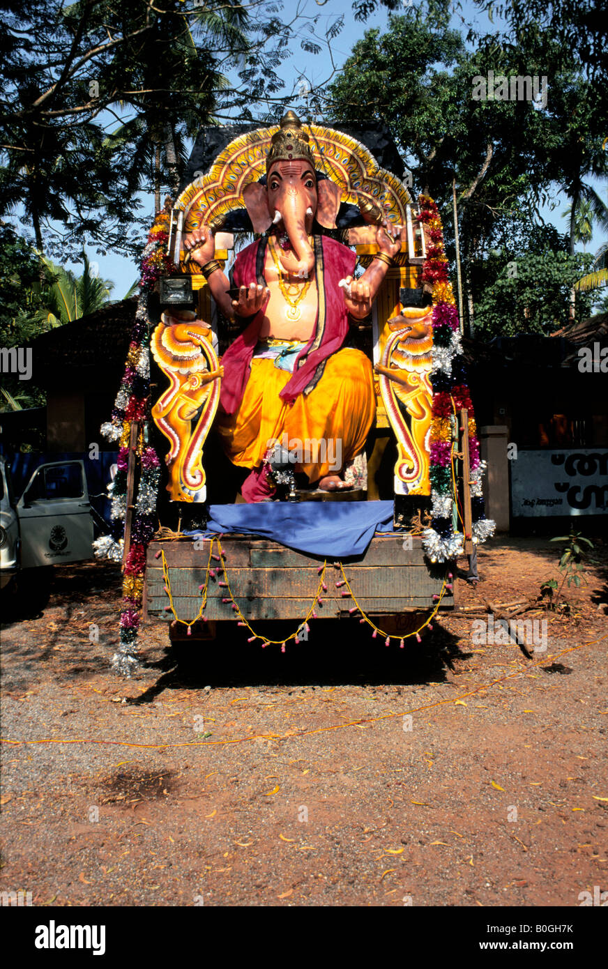 A giant model of Ganesh the Elephant God on the back of a lorry, Kerala, India. Stock Photo