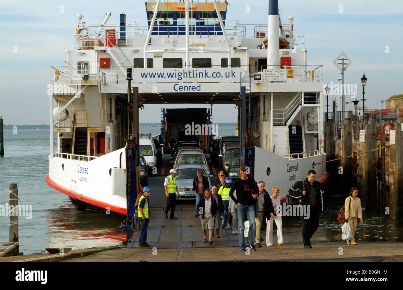 Foot passengers disembark Wightlink Company RoRo Ferry Cenred at