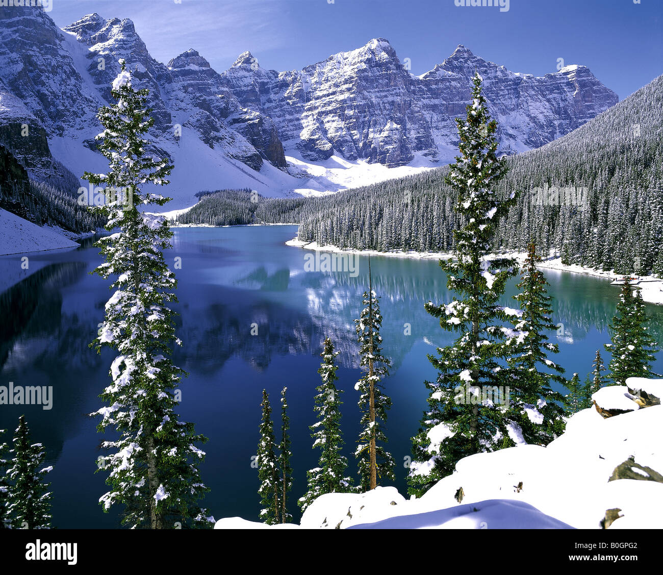 Moraine Lake in snow Banff National Park Canada Stock Photo