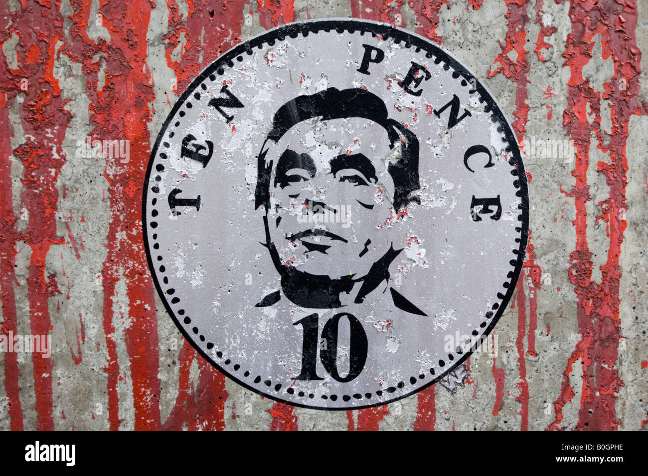 Graffiti art of Prime Minister Gordon Brown in 10p coin at the Cans Festival in Waterloo London England UK Stock Photo