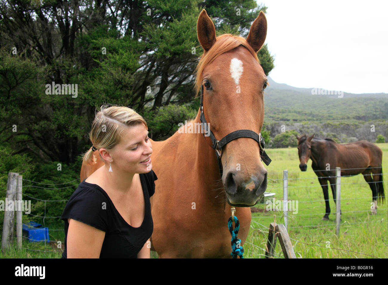 Anwyn Williams of Great Barrier Island with her horse Zavier Stock Photo