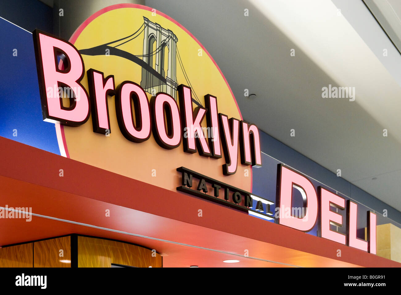 Neon Sign for Deli in American Airlines Terminal 8, JFK Airport, New York Stock Photo