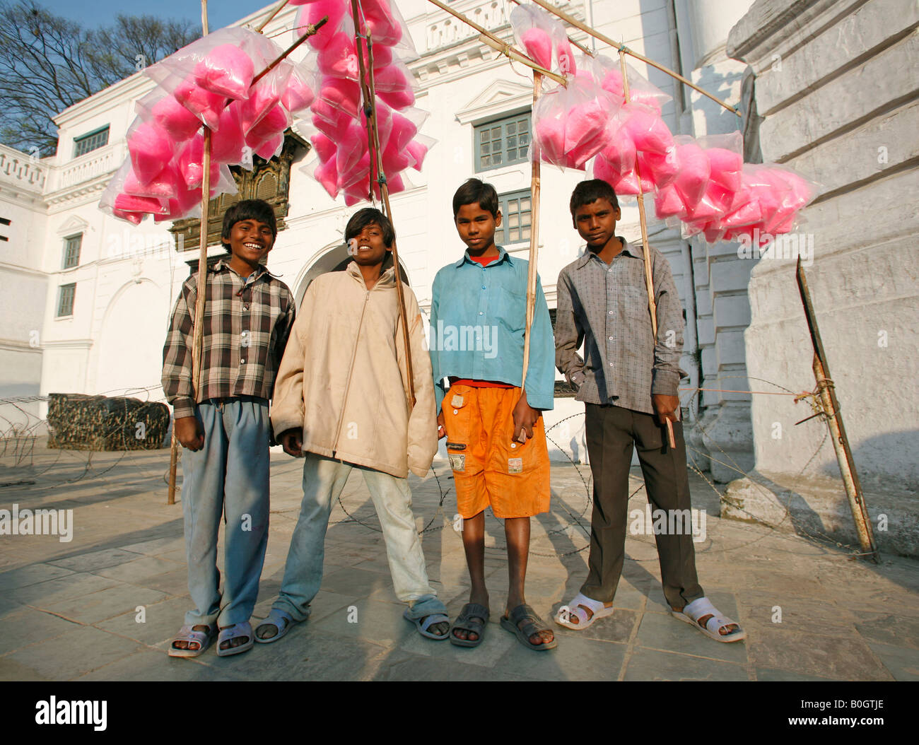 street hawkers selling candy floss on durbar square kathmandu nepal Stock Photo