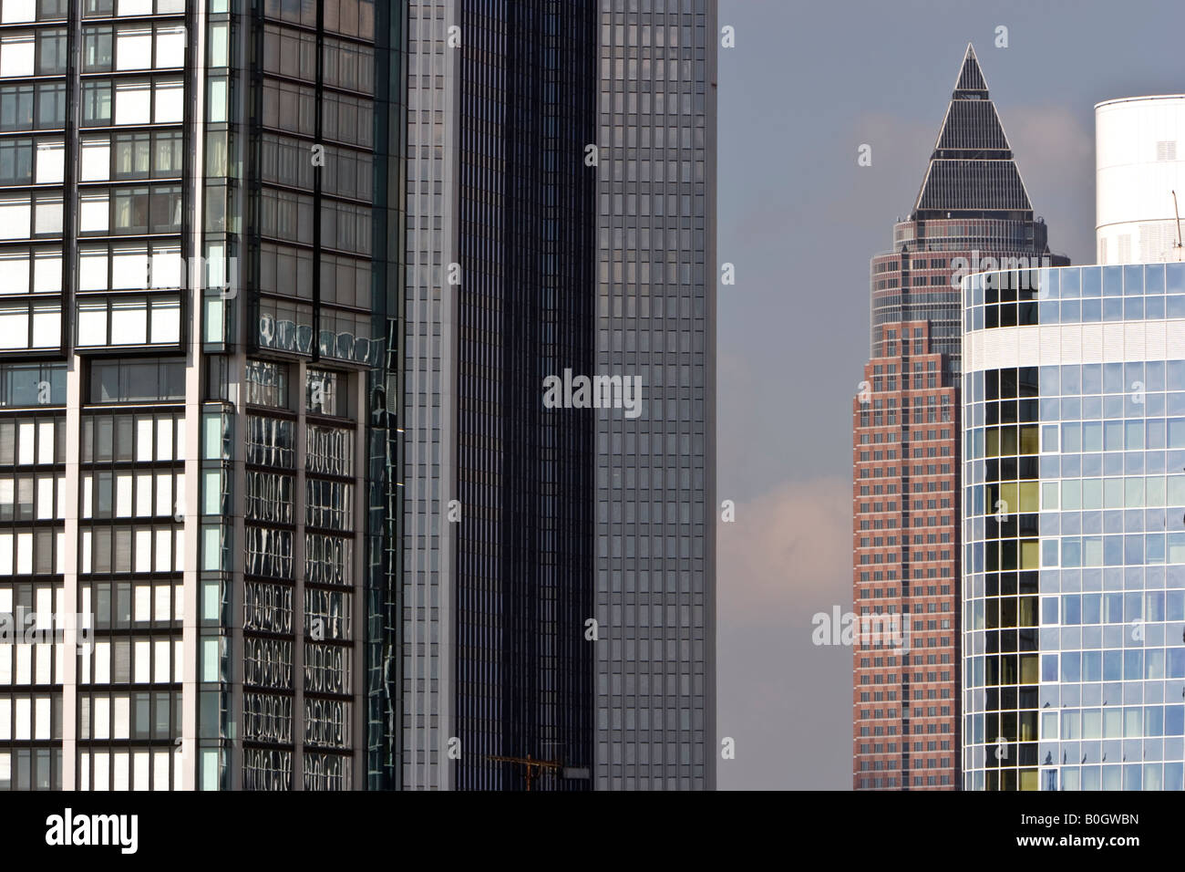 Frankfurt Cityscape with Messe Turm in background at dusk Stock Photo