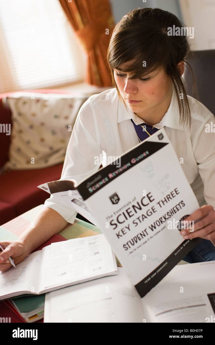 schoolgirl doing science homework Stock Photo