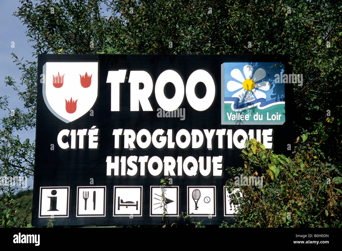France, Loire. Sign at entrance to Troo, a small town with many caves one being a small troglodytic museum Stock Photo