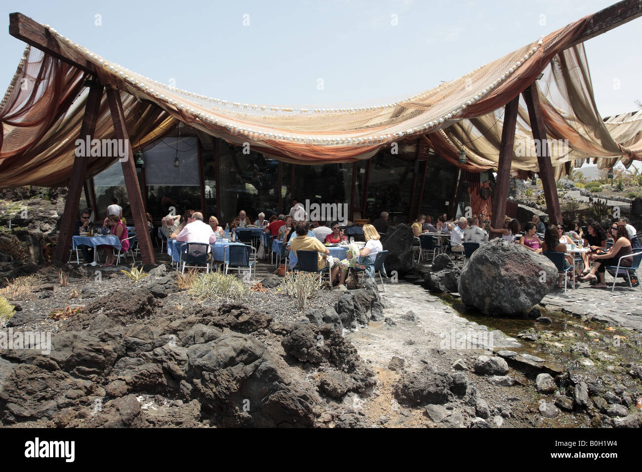 View into the Restaurant Burgado at the coast in Buenavista Stock Photo ...