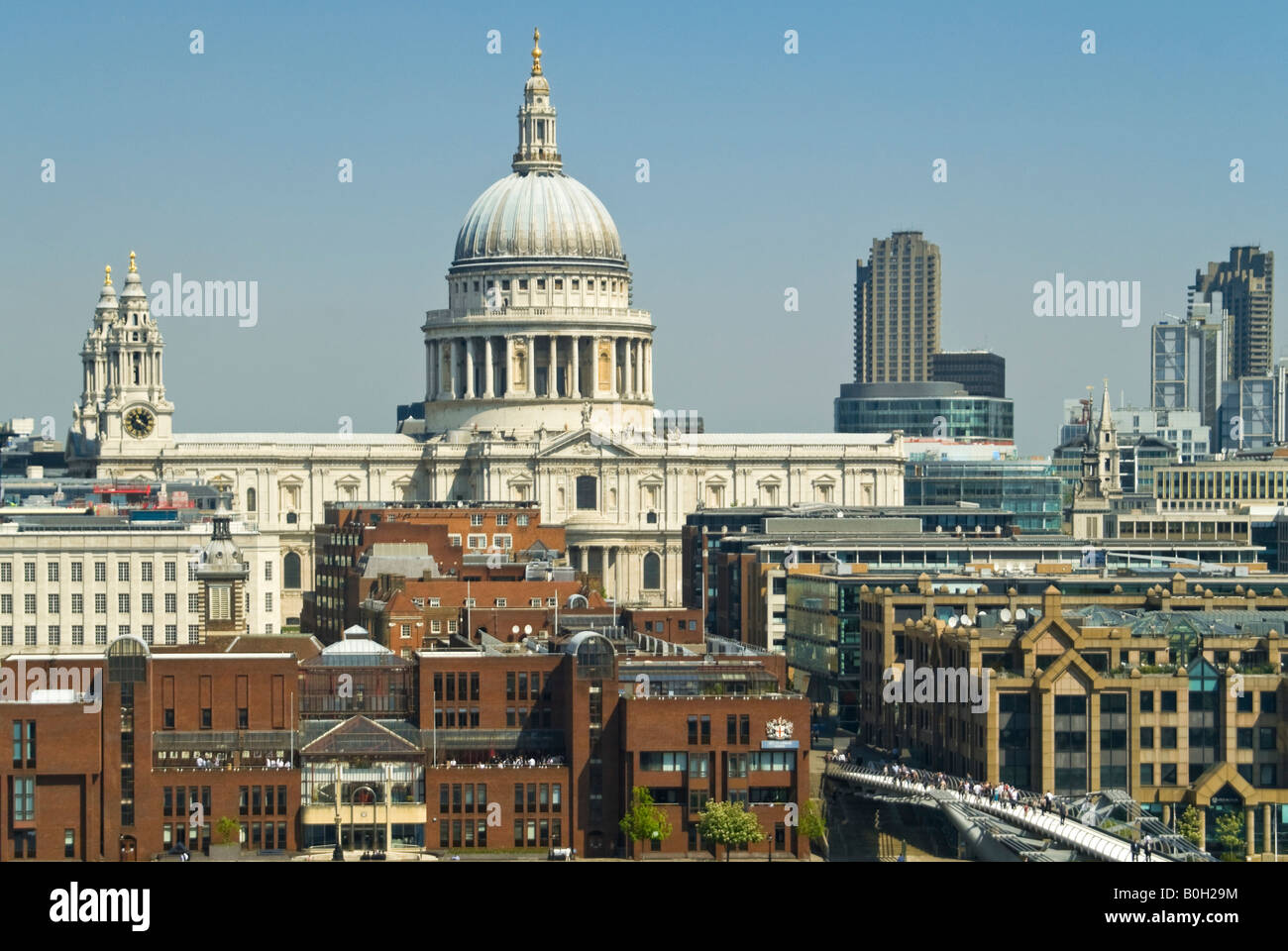 Horizontal aerial view over Ludgate north London and St Paul's Cathedral on a bright sunny day. Stock Photo