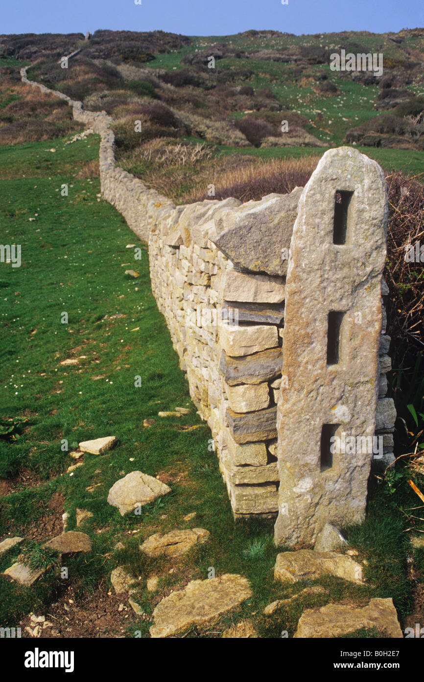 Dry Stone Wall & Gate Post. Stock Photo