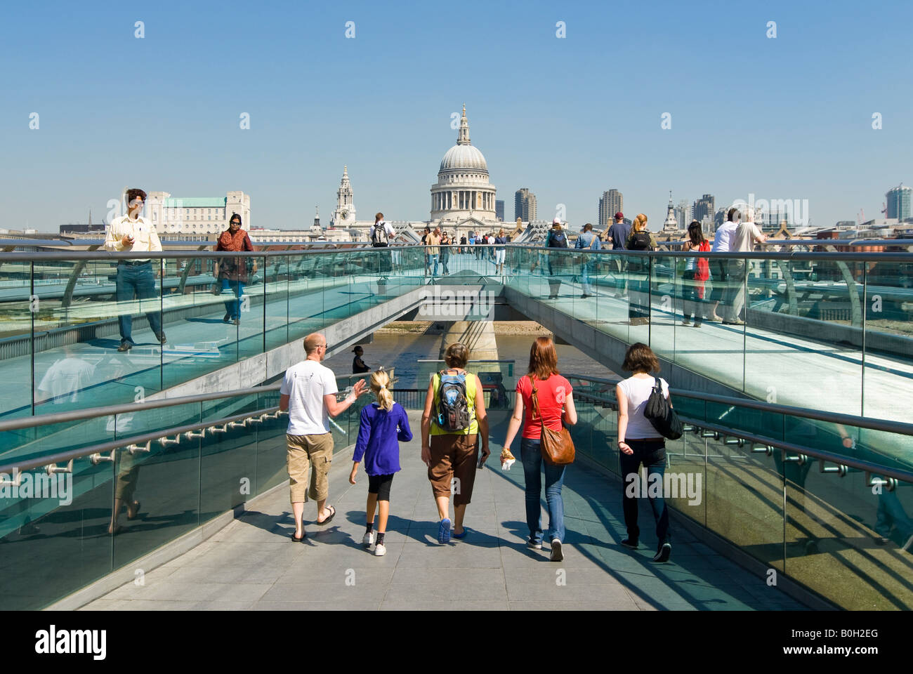 Horizontal view of the Millennium Bridge aka Wobbly Bridge on a bright sunny day. Stock Photo