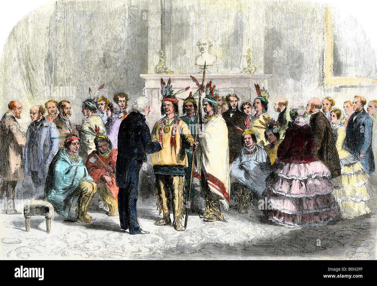 President James Buchanan persuading warring Pawnees and Poncas to shake hands 1850s. Hand-colored woodcut Stock Photo