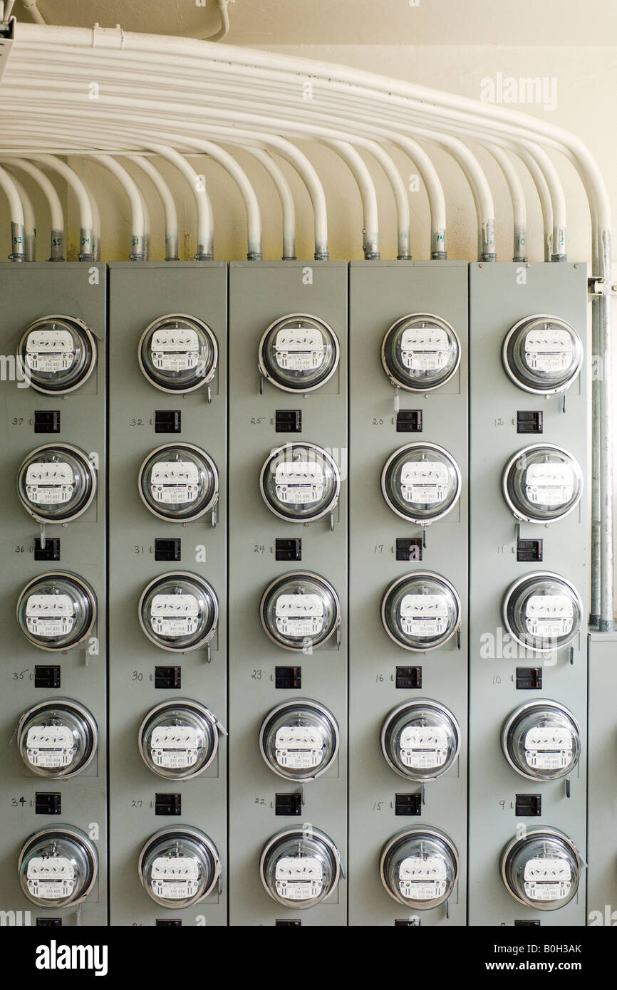 A large group of electrical meters for an apartment building complex