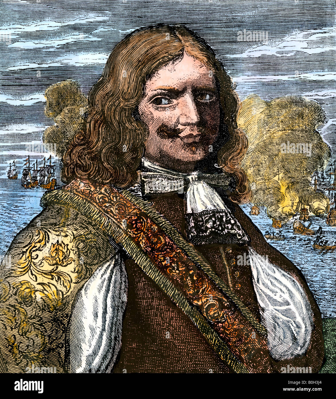 Henry Morgan buccaneer in the Caribbean 1660s. Hand-colored woodcut Stock Photo