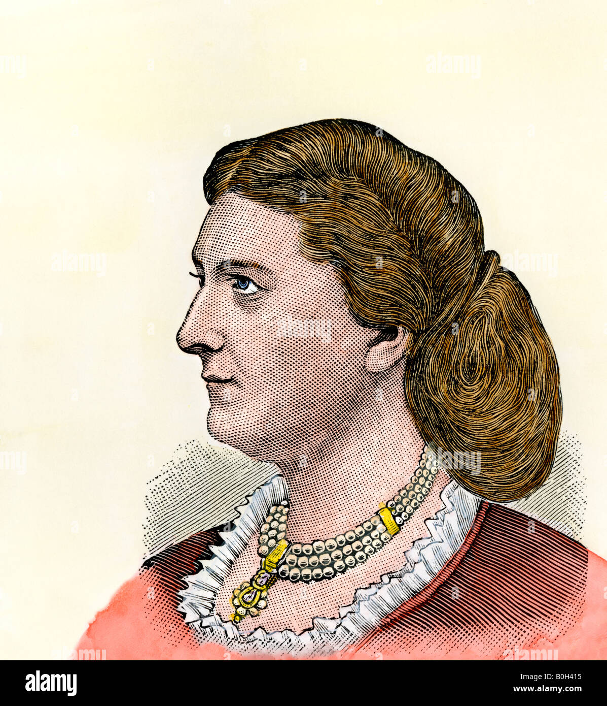 Harriet Lane, President Buchanans niece serving as his White House hostess. Hand-colored woodcut Stock Photo