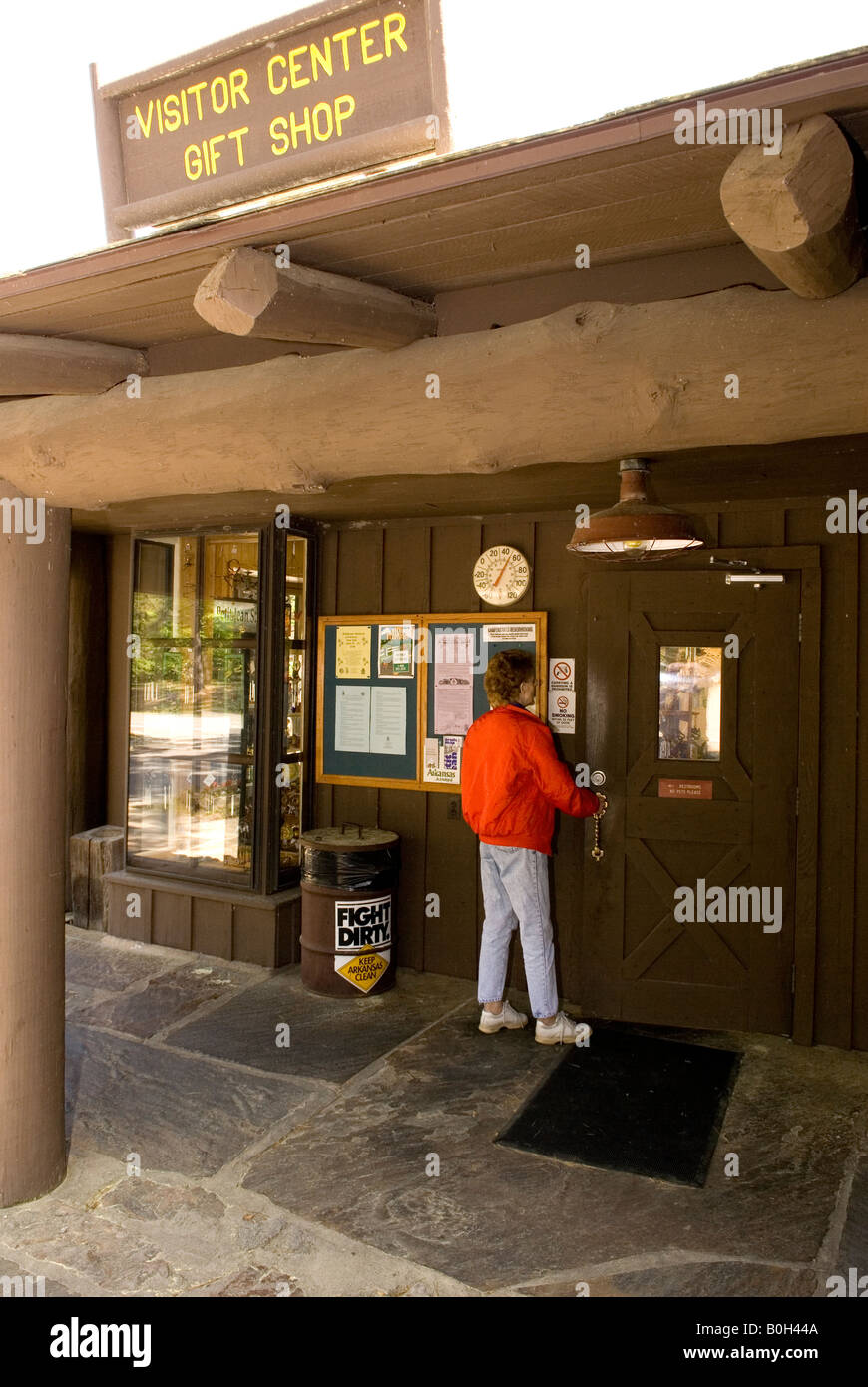 Caucasian Female entering Visitor Center at Petit Jean State Park Arkansas USA Stock Photo