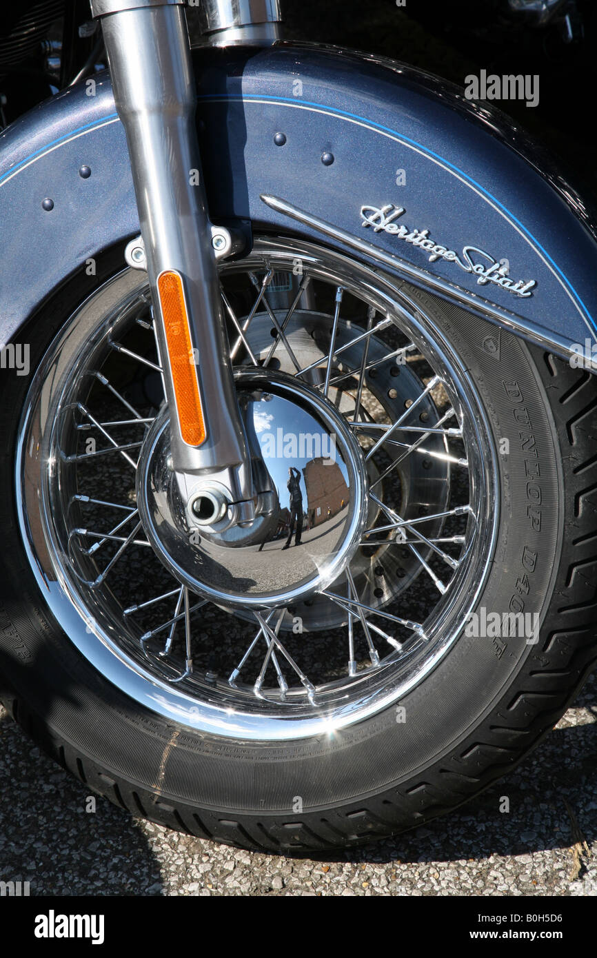 Close up of front wheel, Harley Davidson motorcycle Stock Photo Alamy