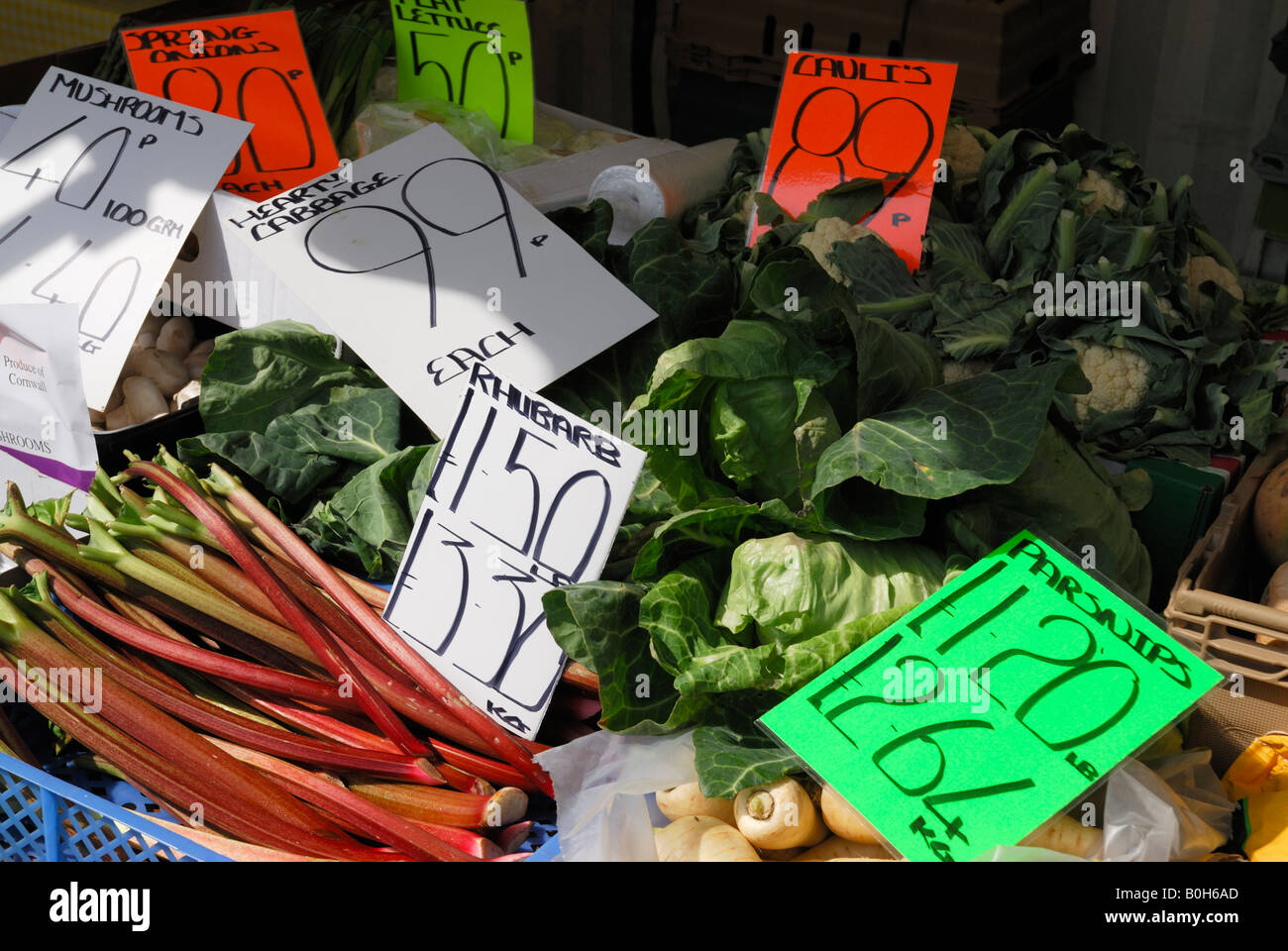 Vegetables for sale at a farmers market in Plymouth, Devon, UK Stock
