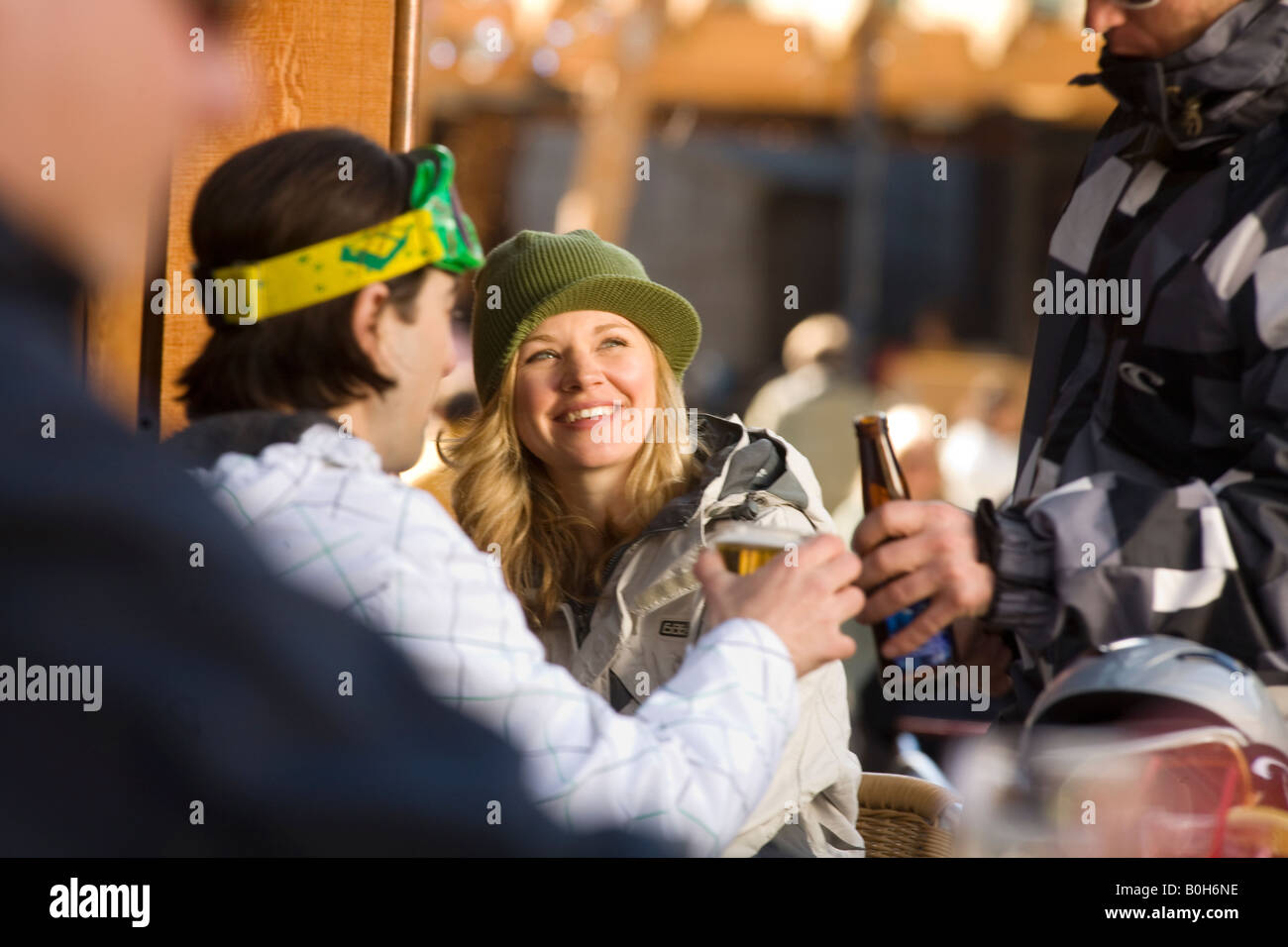 Skiiers enjoying an after ski drink Whistler Village British Columbia Canada Stock Photo