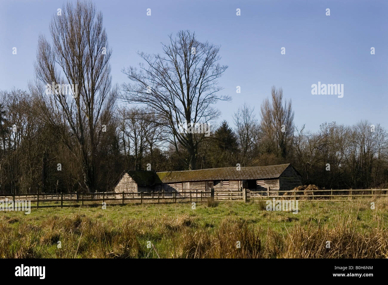 An delelict wooden barn near Medmenham in Buckinghamshire, England