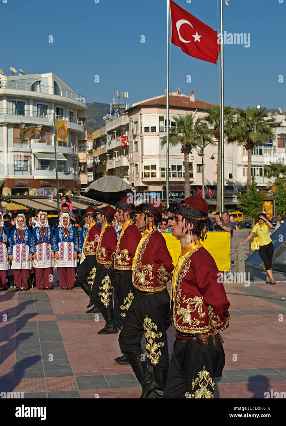 TURKISH YOUNG PEOPLE WEARING  TRADITIONAL CLOTHES AND PERFORMING DANCE AT MARMARIS MUGLA TURKEY DURING FESTIVAL OF YOUTH Stock Photo
