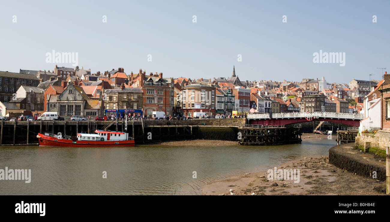 Low tide panoramic view of town bridge and harbour Whitby Yorkshire Stock Photo