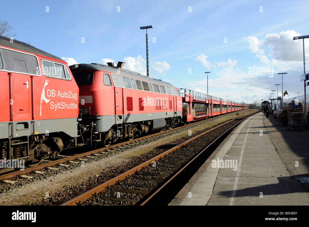 Freight train loaded with cars on its way from Nieboell to Sylt Island, North Frisian Islands, Schleswig-Holstein, Germany Stock Photo