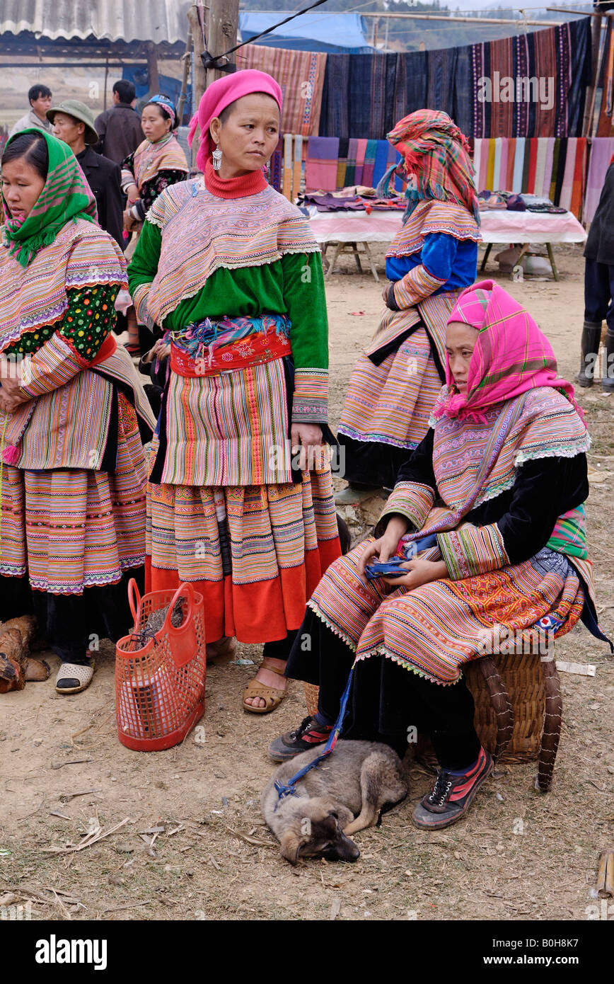 Flower Hmong, Mong, or Miao women and children in traditional dress at a livestock market, Ha Giang Province, North Vietnam Stock Photo