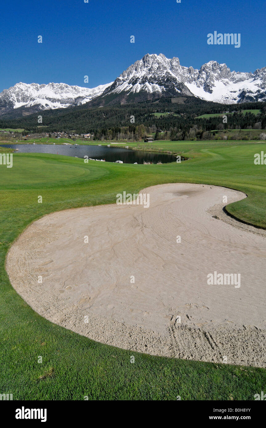 Golf course in front of the Kaisergebirge Mountains, Leukental Valley, Tyrol, Austria, Europe Stock Photo