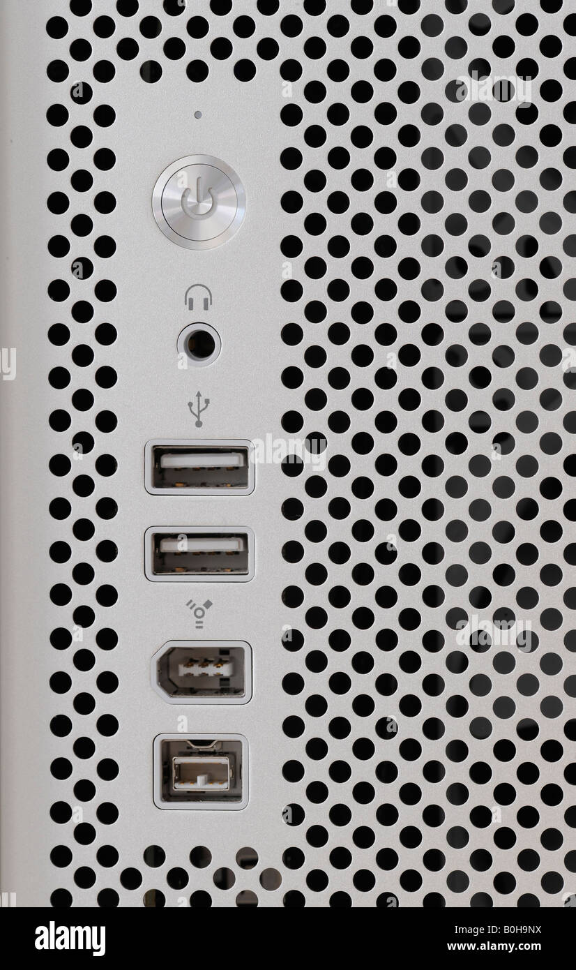Apple Mac Pro, front view, connectivity panel top to bottom: power button, headset jack, two USB ports, FW 400, FW 800 Stock Photo
